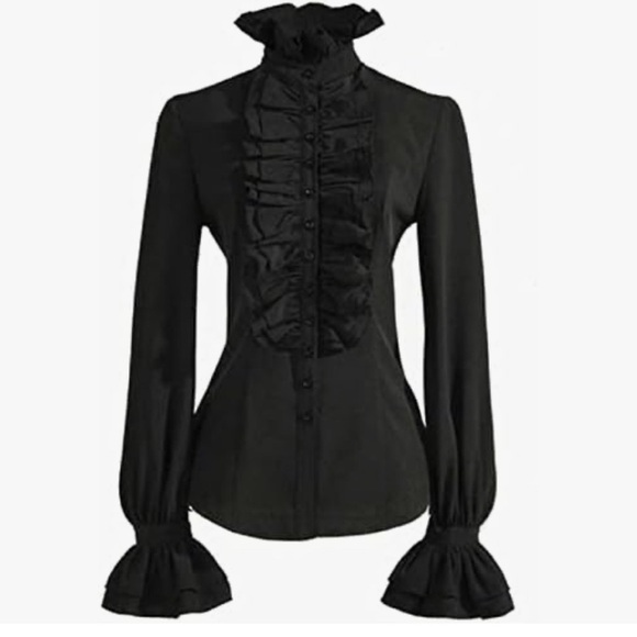 Firpearl Women's M Medium Button Down Blouse Ruffle Collar Vampire Core Goth - Picture 2 of 13